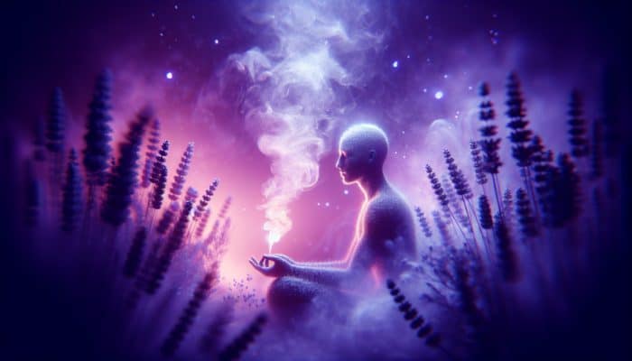 Individual inhaling calming lavender steam in a serene home spa environment, surrounded by soothing purple tones.