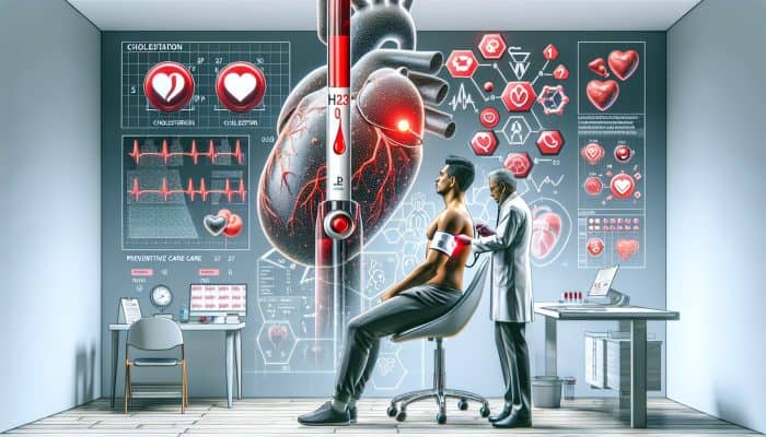 Individual undergoing a cholesterol test in a clinic, revealing elevated levels, surrounded by heart health information.