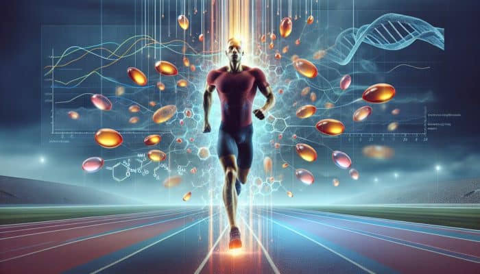 Athlete running on track with omega-3 aura, graphs illustrating reduced injury rates.