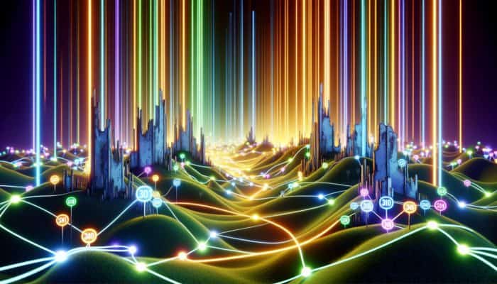Glowing pathways link old, faded URLs to new, vibrant ones, symbolising the preservation of link equity during website rebranding.