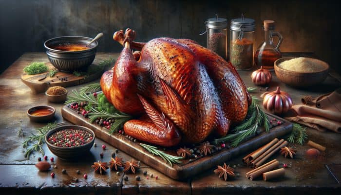 A juicy smoked turkey adorned with herbs and spices, glistening with moisture, in a rustic kitchen.