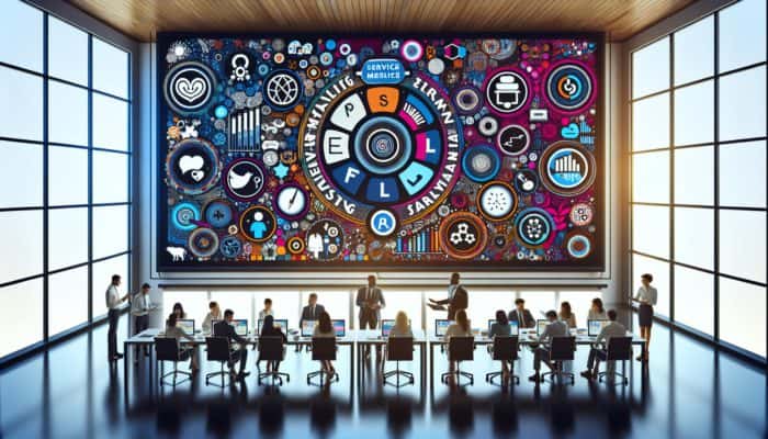 The 7 P's of Marketing: modern UK marketing office where professionals leverage digital tools to discuss the 7 P's of Marketing.