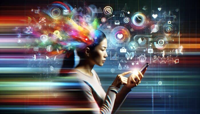 Illustration of a person using a smartphone to search for health tips amidst swirling digital elements, illustrating micro-moments.