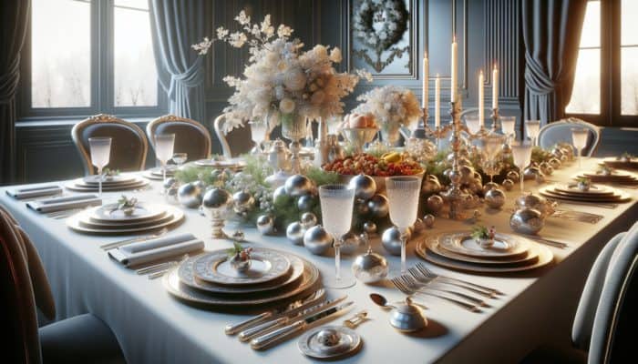 Elegant holiday table setting featuring beautiful china and stylish cutlery, enhancing the presentation of gourmet dishes.