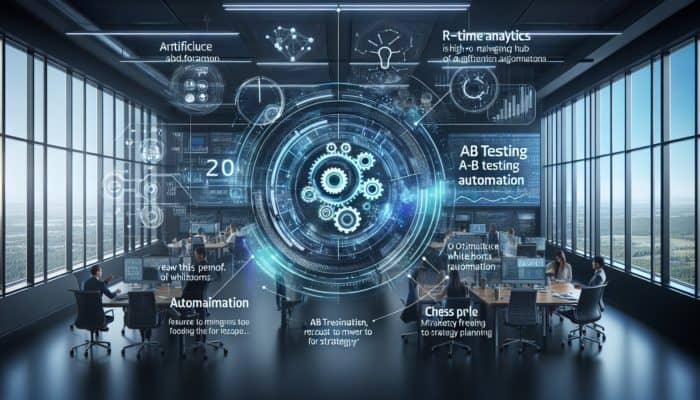 AI-driven marketing hub featuring real-time analytics, optimizing ads, and automating tests in a modern office environment.