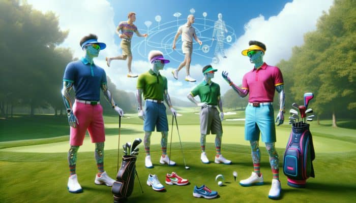Trendy polo shirts, stylish visors, and modern golf shoes showcased on a lush green golf course, alongside fashion experts.