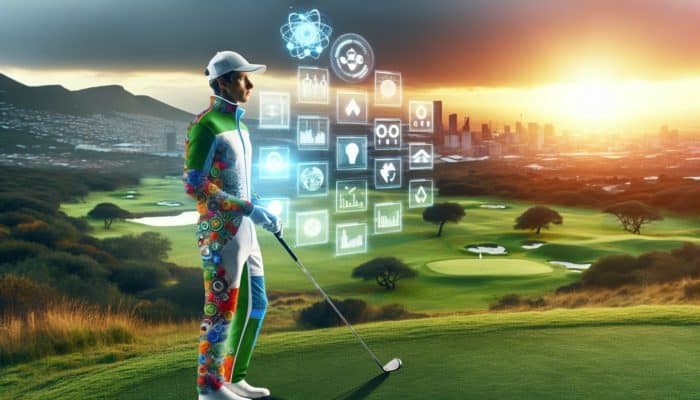 A South African golfer in 2030 sporting a sustainable, personalized outfit on an eco-friendly course at sunset.