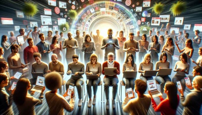 Utilizing Customer Stories for E-Commerce SEO: A diverse group of satisfied customers sharing their shopping experiences on an e-commerce platform, enhancing SEO.