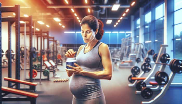 A pregnant athlete diligently reviewing supplement labels in a gym, showcasing her concern for her own health and that of her unborn child.
