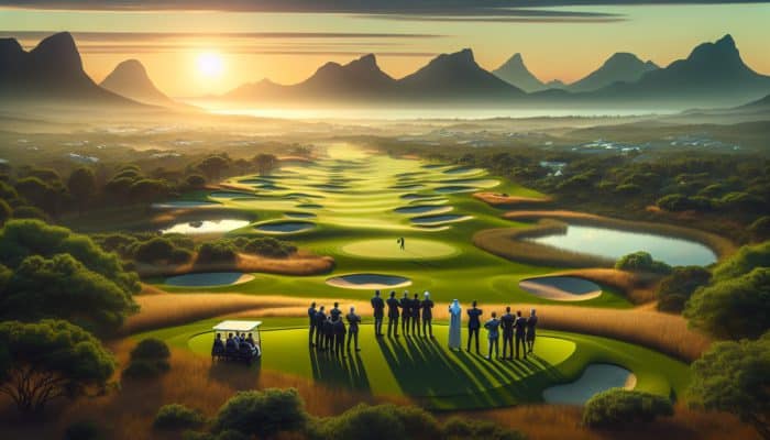Goose Valley Golf Club: A serene golf course at dawn in Plettenberg Bay, surrounded by lush greenery and distant mountains.