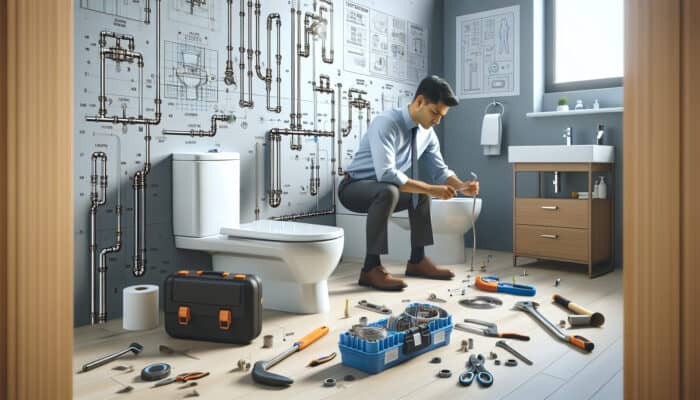 Illustration of modern toilet installation in a Langley home, showcasing plumbing, tools, and a technician at work.