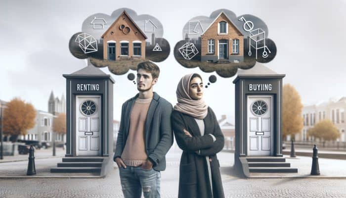 A young couple in Paarl weighing the options of renting and buying, illustrated with two doors and a thought bubble.