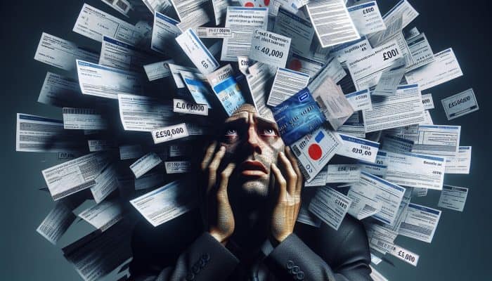 How I Consolidated £50,000 in Debt: My UK Journey | DCL Individual surrounded by financial documents, showcasing stress and determination to tackle £50,000 debt.