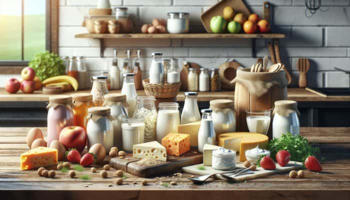 A lively kitchen setting showcasing plant-based yogurt and cheese on a rustic table, surrounded by fresh fruits and herbs.