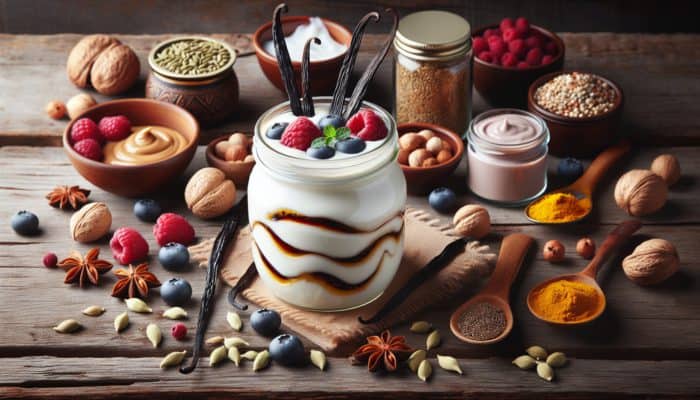 A jar of coconut yogurt decorated with vanilla beans, berries, and exotic spices on a rustic wooden table.