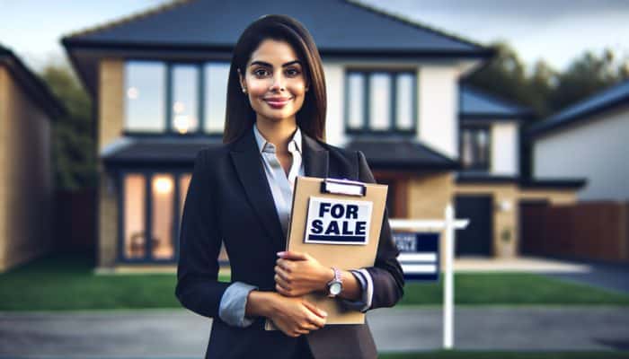 A confident estate agent holding a "For Sale" sign and property details in front of a modern mid-level home.