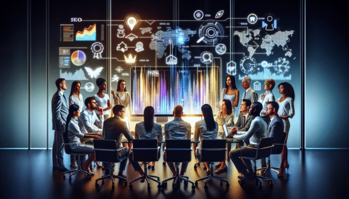 A team of professionals analyzing SEO metrics on a computer screen in a contemporary office environment.