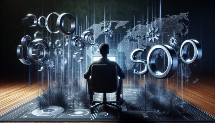 Utilizing Video for Social Proof in SEO: Individual viewing video on laptop with rising SEO metrics and search results in background, illustrating the video's influence on SEO.