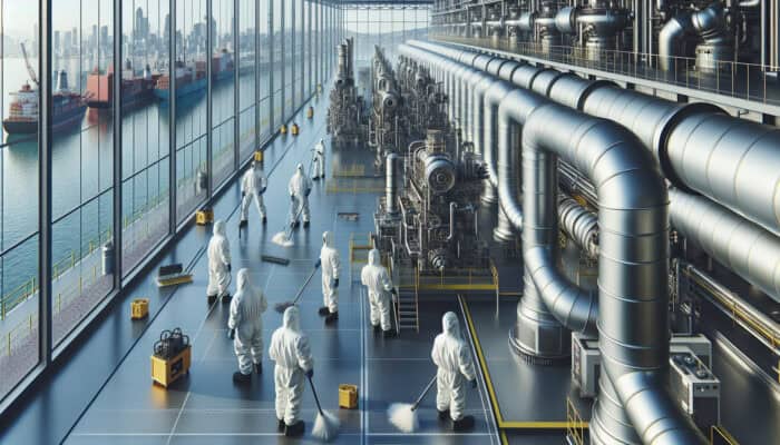 Professional technicians in protective suits cleaning industrial ducts in a modern facility in Port Coquitlam.