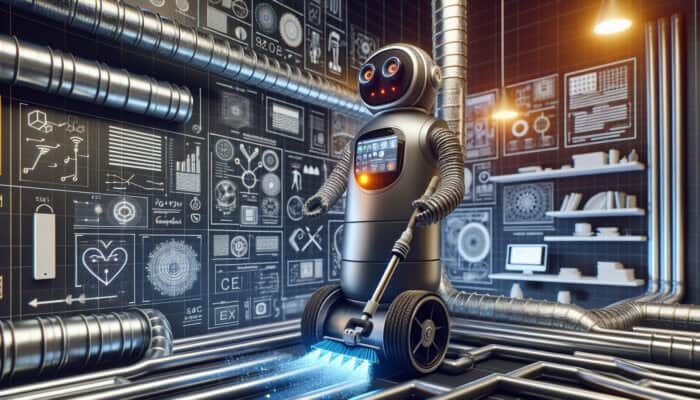 Futuristic robotic cleaner using cameras and UV light to clean and disinfect ductwork in a modern home.