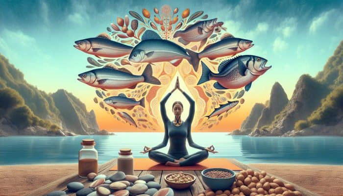 A person practicing yoga by the sea with fish and nuts, which represent essential support for thyroid health.