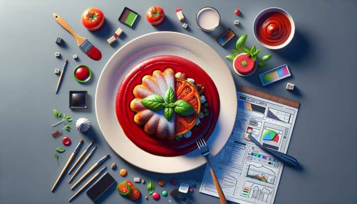 A gourmet plate featuring tomato sauce with basil and a dessert adorned with an edible flower, enhancing both appeal and flavor.