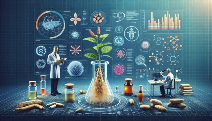 Infographic illustrating herbs like ginseng and echinacea, showcasing clinical study results and expert analysis in a laboratory.