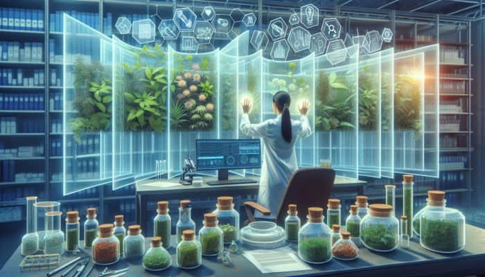 A researcher in a UK laboratory navigates funding and regulatory obstacles, surrounded by herbs, demonstrating determination.
