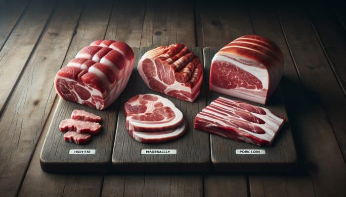 A variety of pork cuts displayed on a rustic table, highlighting differences in fat content: high-fat shoulder, moderate loin, and lean tenderloin, labeled for BBQ.