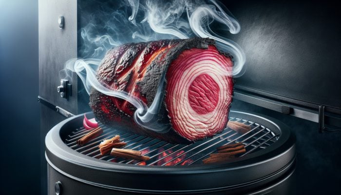 Close-up of BBQ meat showcasing a vibrant pink smoke ring, surrounded by hickory and oak smoke, with a smoker set at 225°F-250°F.