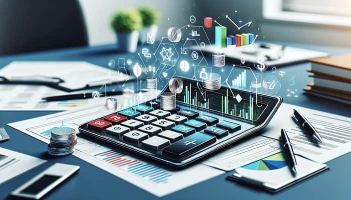 Debt consolidation loan repayment calculators: UK guide | DCL A modern calculator on a desk with financial documents, graphs, and charts in an office.