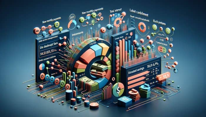 Debt consolidation loan repayment calculators: UK guide | DCL A financial dashboard showing debt consolidation loan details and comparison graphs.