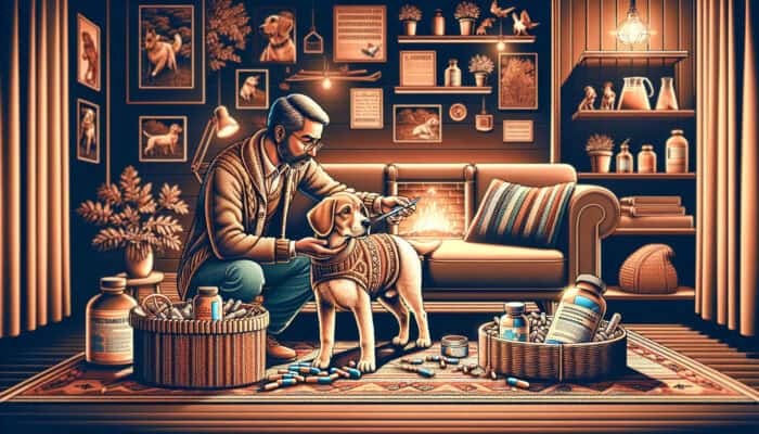 A pet owner closely observes their dog for signs of flea treatment side effects like skin irritation and lethargy in a cozy living room.