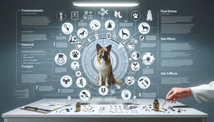 An infographic illustrating different flea treatments for pets and their potential side effects, featuring dog and cat icons.