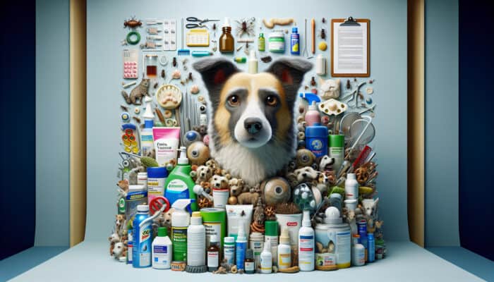 A pet surrounded by various flea control products, showcasing the complexity and risks associated with combination therapies.