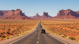 A straight highway stretches into the distance through a desert landscape with red sand and sparse shrubs, flanked by Monument Valley’s towering buttes and mesas under a clear blue sky—perfect for a scenic drive toward the horizon.