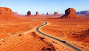 A winding road cuts through the vast red desert of Monument Valley, with scattered tall rock formations under a clear blue sky. Several cars embark on a scenic drive, surrounded by flat, arid terrain and iconic mesas on the horizon.