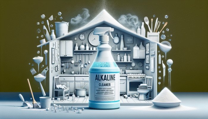 Bottle of alkaline cleaner (pH 9-14) containing sodium carbonate and sodium hydroxide, effectively removing kitchen and bathroom stains.