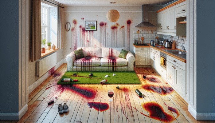 Red wine stain on carpet, grass stain on sofa, ink stain on shirt, grease on tiles in UK home.