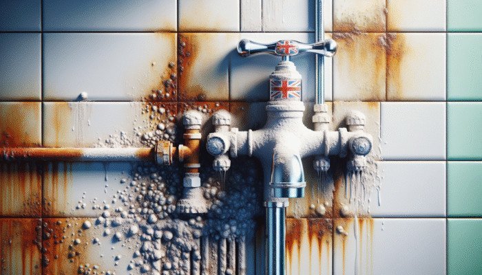Modern UK bathroom with rust and limescale on fixtures and tiles, highlighting cleaning needs.
