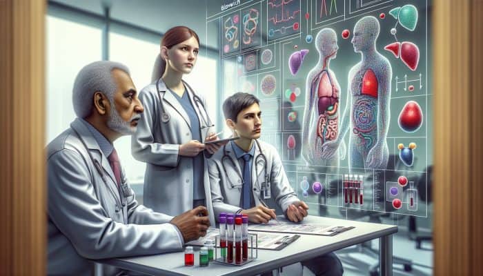 A medical illustration highlighting liver blood testing in a modern Bloxwich clinic, featuring experts and advanced equipment.