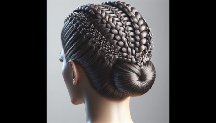Close-up of a woman with intricate micro braids styled in a sophisticated updo, showcasing hairstyle versatility and protection.