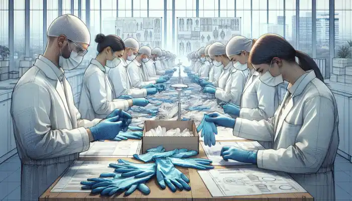 Professionals in Croydon reviewing and ordering disposable vinyl gloves from a catalog for quality and efficiency.