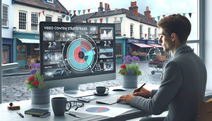 A small business owner in Totnes strategizing video content with local market insights and goal-oriented visuals.