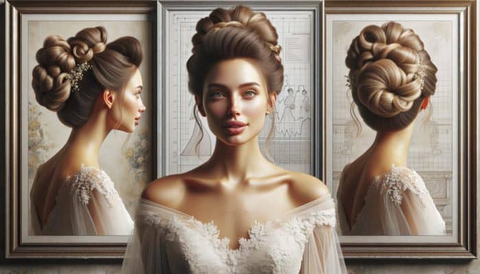 Elegant bride showcasing timeless updos: French twist, chignon, and bun, highlighting her radiant beauty on her wedding day.