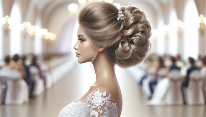 A bride with an elegant updo, styled with high-quality products, enduring from morning to evening during her wedding.