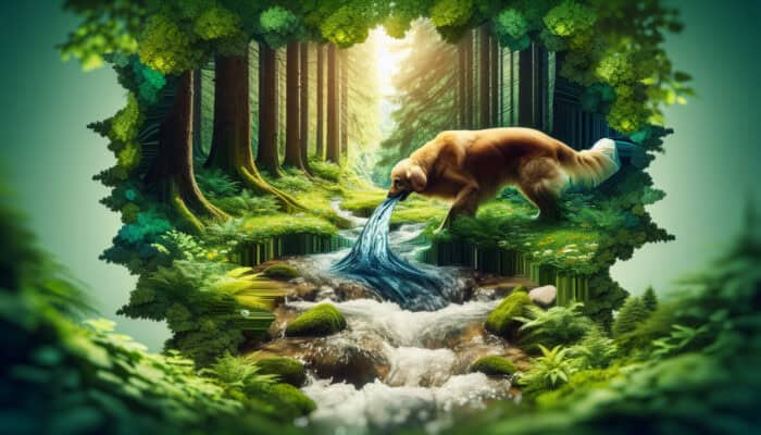 A joyful dog drinking from a clear stream in a lush forest, symbolising hydration's importance for pet health.