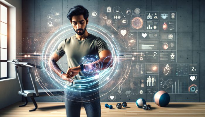 A man utilizing a smartwatch with AI to monitor health in real-time, set in a tech-savvy environment.