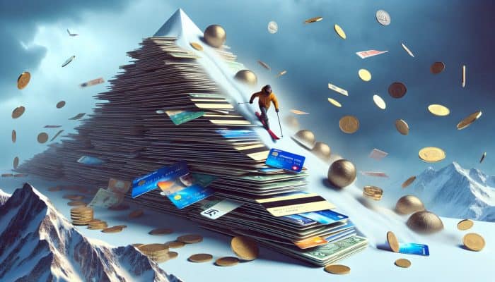 Utilizing the Avalanche Method with Consolidation Loans: UK Guide | DCL A person skiing down a mountain of credit cards with an avalanche of coins and bills, representing the avalanche method in the UK.