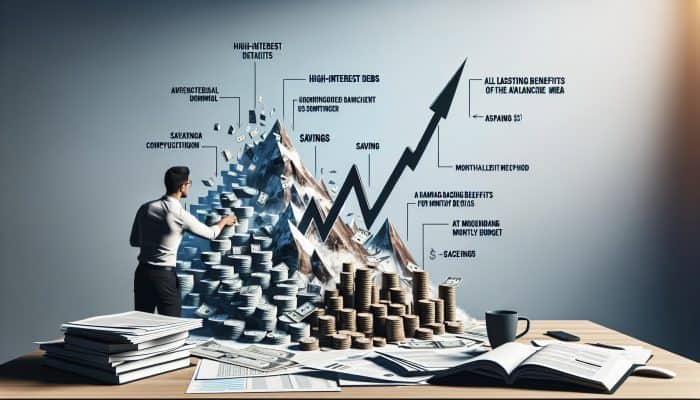 Utilizing the Avalanche Method with Consolidation Loans: UK Guide | DCL Individual at a desk reviewing financial documents, graphs illustrating decreasing high-interest debts and increasing savings.